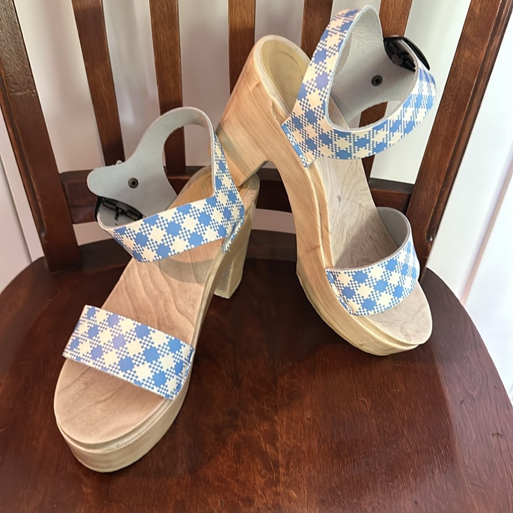 No. 6 brand light blue and white gingham clog sandals. Size 39